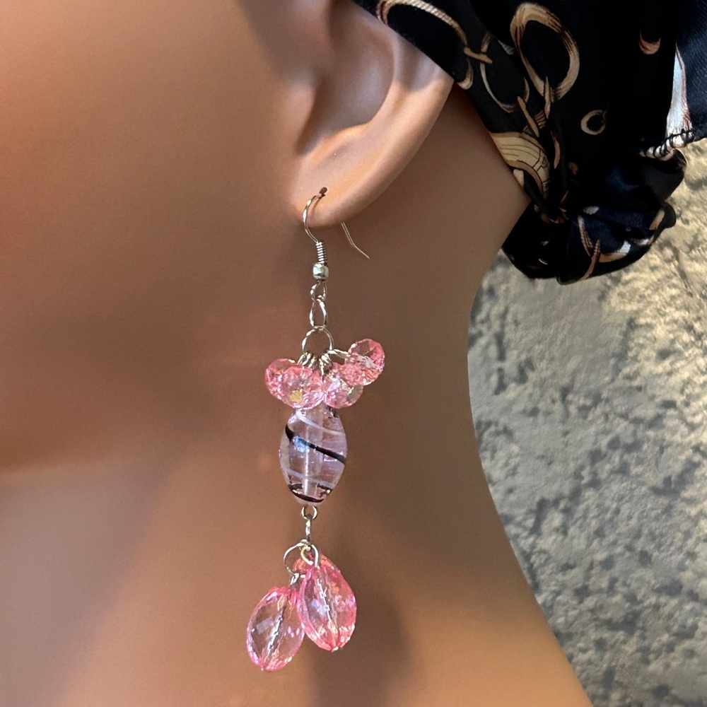 Artisan Pink Glass Drop Cluster Earrings - Picture 3 of 5